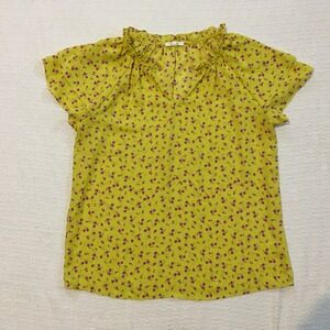 Pleione Floral Ruffle Neck Short Sleeve Boho Cottagecore Size M Yellow Purple